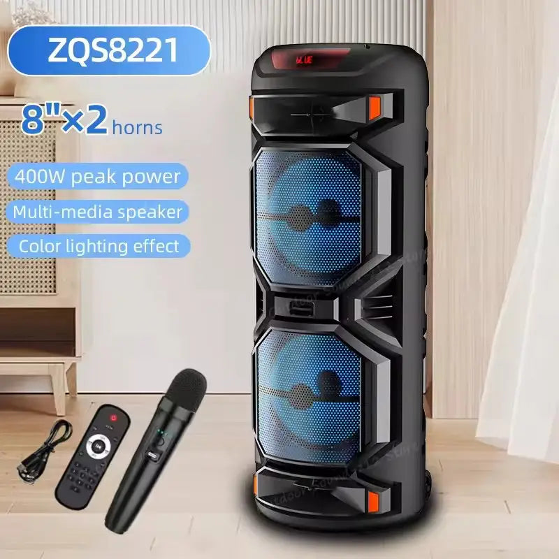 مكبر صوت بلوتوث خارجي محمول ZQS8221 مع مضخم صوت 8 بوصة، وقوة قصوى 400 واط، وبطارية 4500 مللي أمبير، واتصال لاسلكي متعدد المدخلات