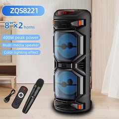 مكبر صوت بلوتوث خارجي محمول ZQS8221 مع مضخم صوت 8 بوصة، وقوة قصوى 400 واط، وبطارية 4500 مللي أمبير، واتصال لاسلكي متعدد المدخلات