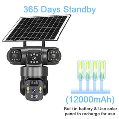 4G Triple Lens Smart Solar Powered Outdoor Security Camera with Dual Charging, 355° Pan 90° Tilt, Motion Detection, Two-Way Audio & Multi-Screen HD Night Vision