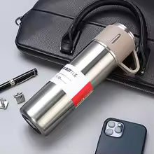 500ml Stainless Steel Double Wall Vacuum Flask with 3 Cup Lids – 12 Hours Hot & Cold Insulated Bottle for Outdoor, Office & Travel Use