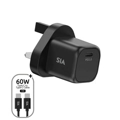 SIA Mini Wall Charger Gan PD/PPS 35W Type-C Port With C-C Cable 1M - Black-Uk