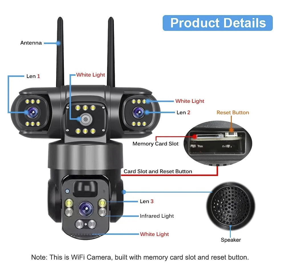 4G Triple Lens Smart Solar Powered Outdoor Security Camera with Dual Charging, 355° Pan 90° Tilt, Motion Detection, Two-Way Audio & Multi-Screen HD Night Vision