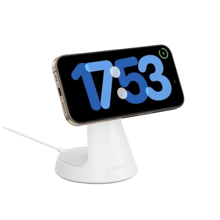 ستاند شحن 2 في 1 من أنكر متوافق مع MagSafe ومعتمد من Qi2 بقوة 15 واط أبيض فائق السرعة