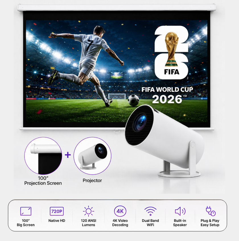 Smart Android LED Projector & 100 Inch Motorized Retractable Projector Screen Bundle – 4K Resolution Decoding, 1800 Lumens, WiFi Screen Mirroring, Remote Controlled Home Theater Cinema Package
