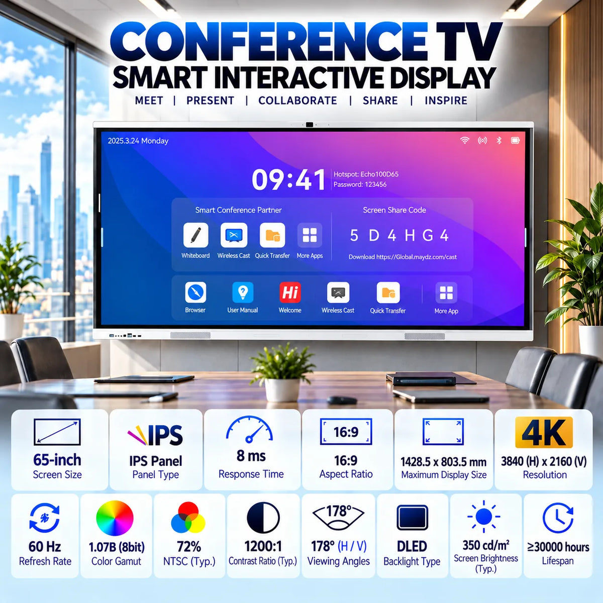 Premium 65 Inch 4K UHD Smart Interactive Display with 100-Point Touch, 48MP Camera, Wireless Casting, Digital Whiteboard, Dual Magnetic Pens & Wall Mount for Conference Rooms & Smart Classrooms