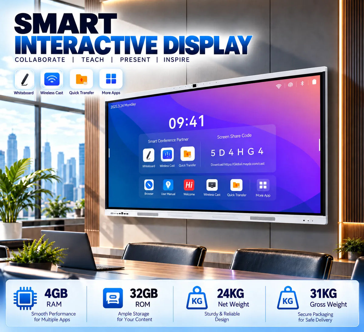 Premium 55 Inch 4K UHD Smart Interactive Display with 100-Point Touch, 48MP Camera, Wireless Casting, Digital Whiteboard, Dual Magnetic Pens & Wall Mount for Conference Rooms & Smart Classrooms with Wall Mounting Bracket