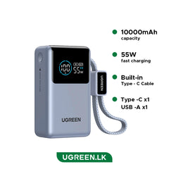 UGREEN 10000mAh 55W Nexode Pro Smart Digital Display Mini Power Bank with Build-in Type-C Cable – PB727 – 75701B – 1 Year Warranty