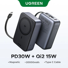 UGREEN 20000mAh 15W Qi2 Magnetic Wireless Power Bank With Type C Cable – PB567- 55450B – 1 Year Warranty