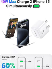 UGREEN USB-C Fast Charger 2-Port 40W UK -folding foot CD243 - White