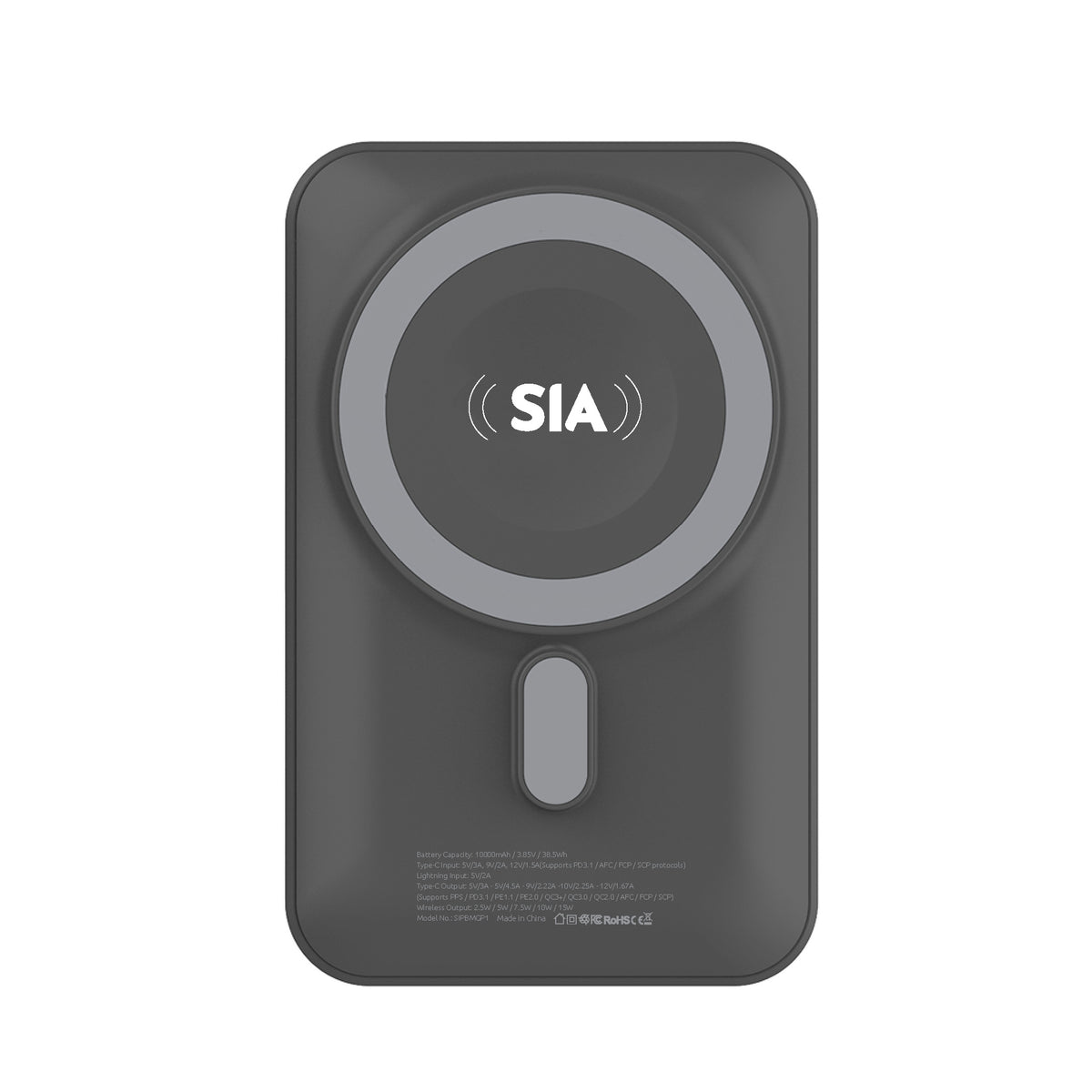 SIA Magon + Magnetic Power Bank With BUILT-IN RGB Cooling Fan and Aluminum Alloy Stand for iPhone and I-Watch PD 20W - Wireless Charging 15W 10000mAh - Gray