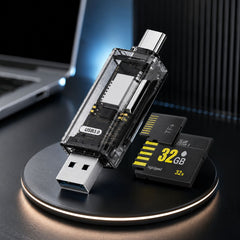 Go-Des GD-DK006 4-in-1 USB & Type-C Card Reader for SD and TF Memory Cards with Transparent Design