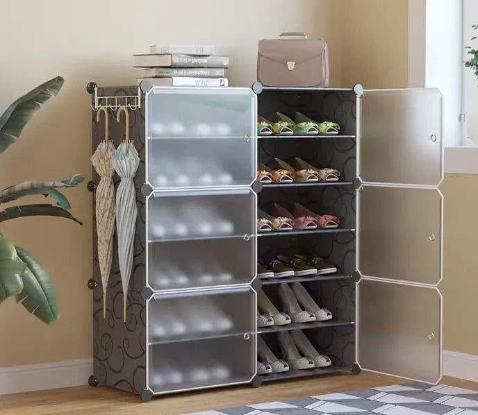 6-Layer Portable Plastic Shoe Storage Cabinet Waterproof Foldable Dustproof Shoe Rack Organizer with Hooks for Home Living Room - 85 x 31 x 96 CM