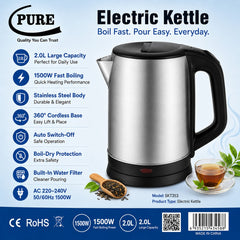PURE 2L Stainless Steel Electric Kettle with 1500W Fast Boiling, 360° Cordless Power Base, Auto Switch-Off, Boil-Dry Protection & Easy-Lift Hinged Lid