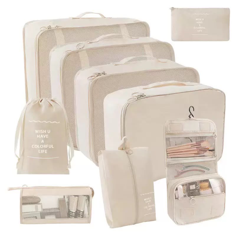 9-Piece Travel Packing Organizer Set with 3 Mesh Compression Packing Cubes, Shoe Bag, Underwear Bag, Hanging Toiletry Organizer, Cosmetic Pouch & Accessory Bag
