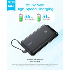 شاحن أنكر زولو المتنقل بسعة 20000 مللي أمبير، شحن سريع 22.5 واط مع كابل USB-C مدمج