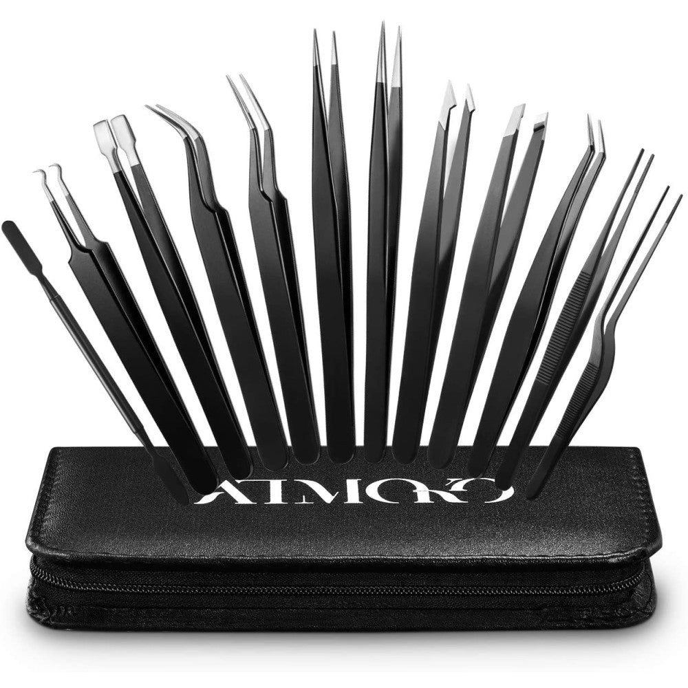 Atmoko 12 Pcs ESD Tweezer Set Precision Anti-Static Stainless Steel Tool Kit - AMBY039BB