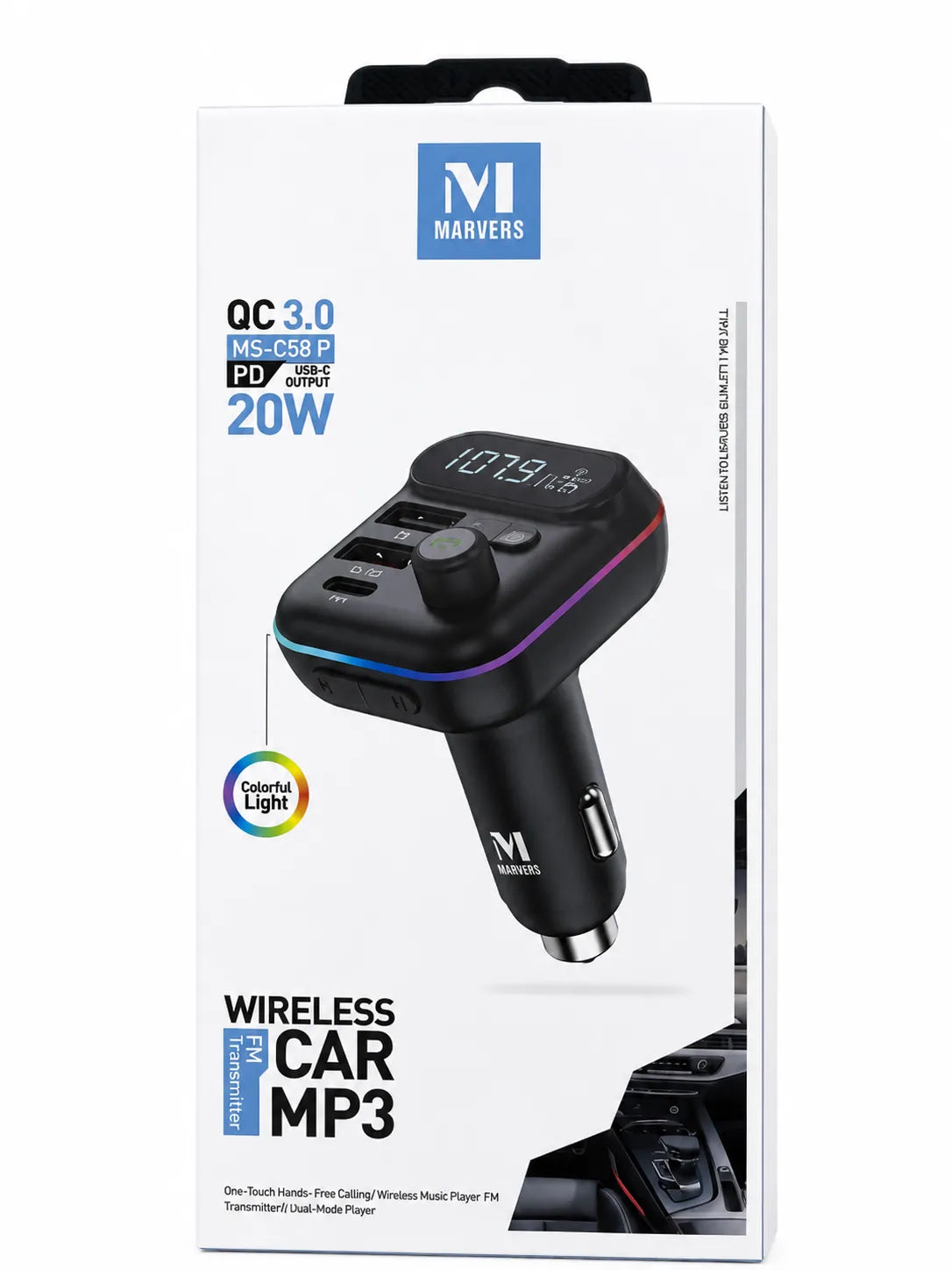Marvers MS-C58P Wireless Car MP3 FM Transmitter with Bluetooth 5.0, QC 3.0 Fast Charging, 20W USB-C PD Output, Hands-Free Calling, Micro SD and USB Playback