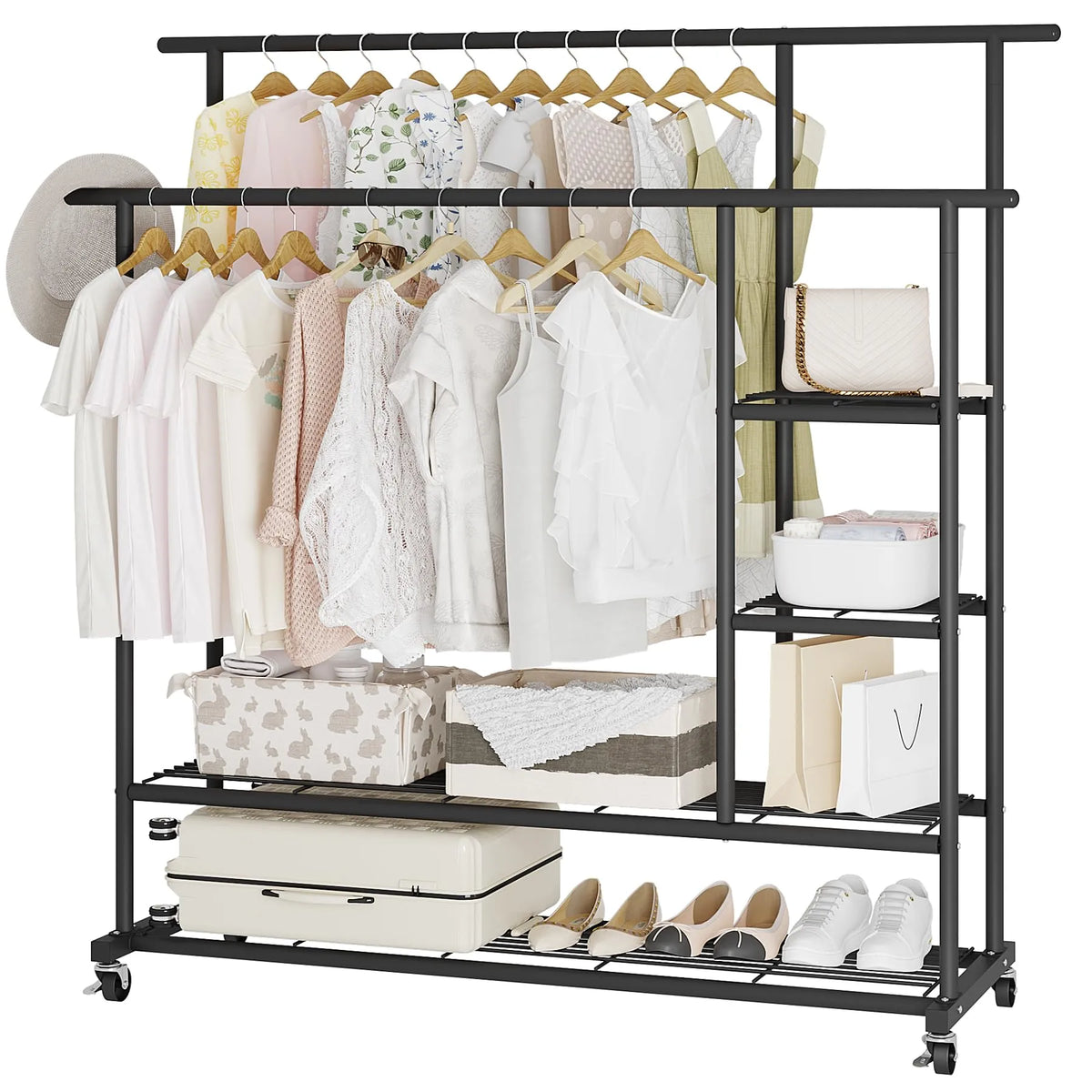Heavy Duty Double Pole Rolling Clothes Rack & Multi-Layer Storage Organizer with Lockable Wheels, Side Shelves, Bottom Shoe Rack & 88Kg Load Capacity 148x130x40CM
