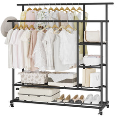 Heavy Duty Double Pole Rolling Clothes Rack & Multi-Layer Storage Organizer with Lockable Wheels, Side Shelves, Bottom Shoe Rack & 88Kg Load Capacity 148x130x40CM