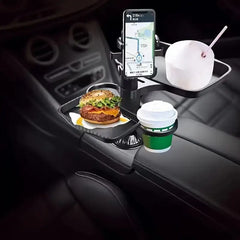 360° Rotating Universal Car Phone Holder with Dual Cup Holder & Adjustable Tray