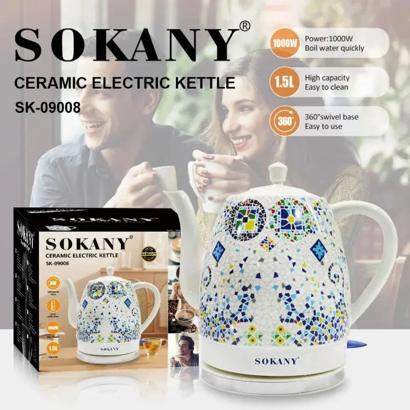 SOKANY SK-09008 Premium Ceramic Electric Kettle 1.5L, 1000W, Decorative Mosaic Porcelain Design, 360° Swivel Detachable Base