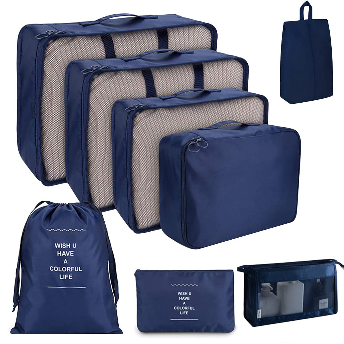 8-Piece Travel Luggage Organizer Packing Cube Set with Waterproof Polyester, Breathable Mesh, Shoe Bag, Underwear Bag, Laundry Bag & Wash Bag