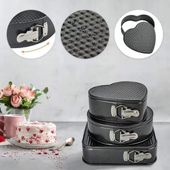 3-Piece Carbon Steel Springform Cake Mould Set with Removable Bases & Quick-Release Buckles – Round, Square & Heart Shape