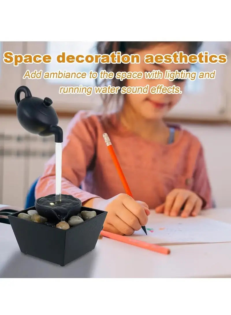 نافورة طاولة بتصميم إبريق شاي عائم مع إضاءة LED، سعة ماء 280 مل، تعمل بمنفذ USB والبطارية، ميزة مائية داخلية للاسترخاء والتأمل وديكور المنزل والمكتب - صندوق مفتوح / منتج جديد