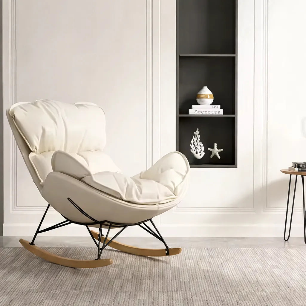 Modern Luxury Upholstered Rocking Chair with Curved Backrest Cushion, Solid Wood & Metal Frame, 30° Gentle Rocking Motion, 115kg Capacity - Open Box/ New Product