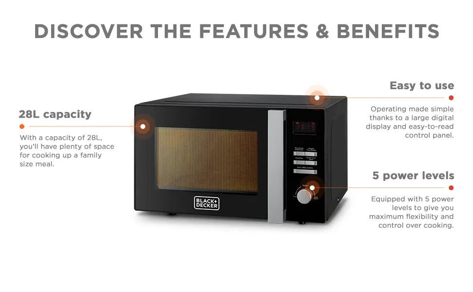 Black+Decker 28L Microwave Grill , 900W, Electric, Black - MZ2810-B5