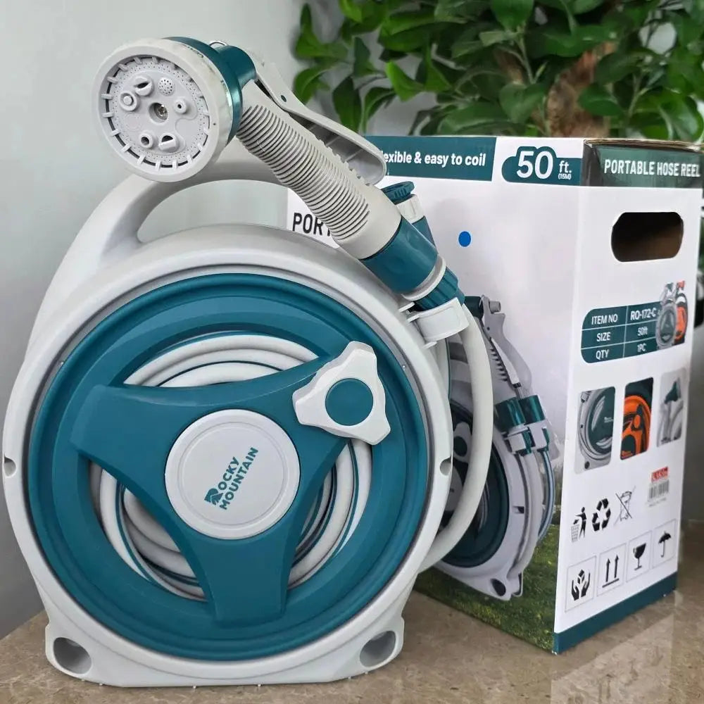 50ft/15M Rocky Mountain Portable Hose Reel with 8-Pattern Spray Gun & Easy Retract Latch System for Garden Watering & Outdoor Cleaning - Open Box / New Product