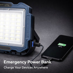 Rechargeable Portable LED Work Light with White & Yellow Lighting, 6–8 Hours Runtime, 4-Level Power Display, USB Power Bank, Type-C Charging, Adjustable Stand & Carry Handle