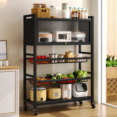 3 Layer+ Cabinet Multifunctional Kitchen Storage Shelf Rack with Detachable Mesh Baskets & Universal Wheels - 125 x 80 x 32 CM