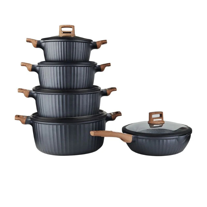 OSFE Granite Cookware Set 12 Pcs (32, 28, 24, 20 cm Casserole, 28 cm Pan, 2 Pcs Silicone Kitchen Tools)