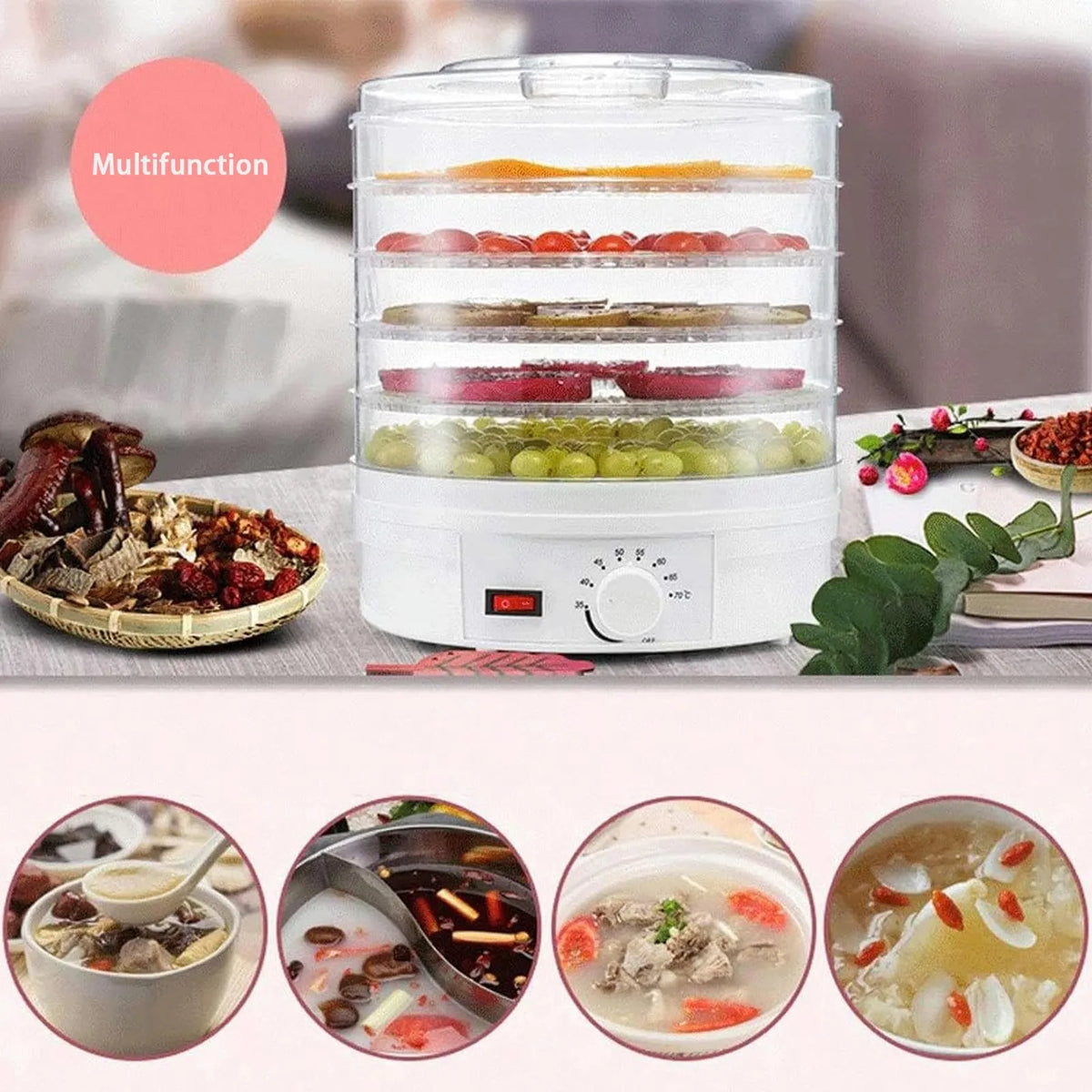350W 5-Tray Food Dehydrator Machine with 35–70°C Adjustable Temperature Control & Food-Grade Stackable Drying Trays