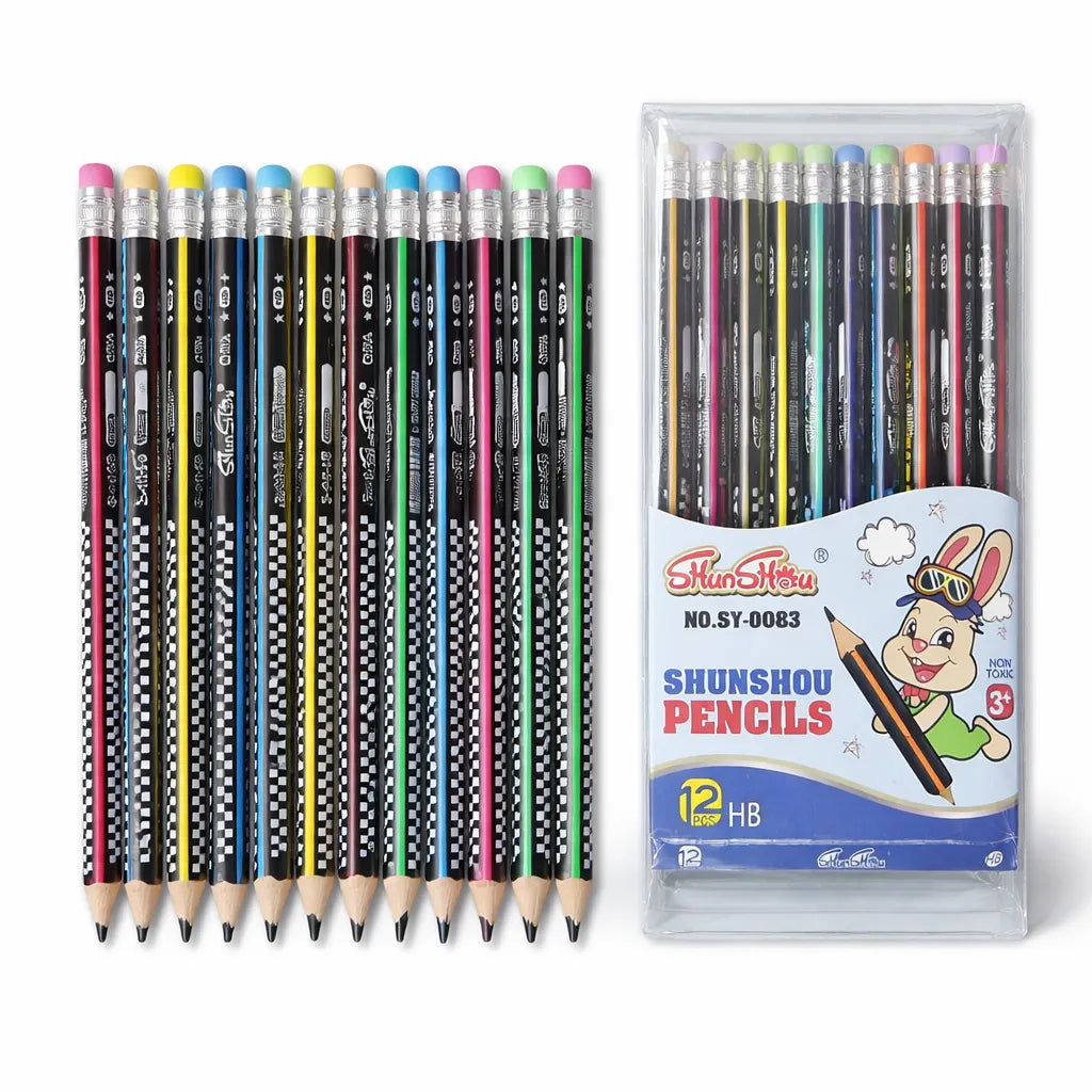 ShunShou SY-0083 HB Graphite Pencil Set 12 PCS with Built-in Eraser, Break-Resistant Lead, Premium Wooden School Writing, Drawing & Sketching Pencils for Kids, Students, Office & Home