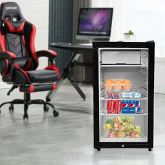 135L Glass Door Mini Refrigerator with Ice Bar, Adjustable 5-Level Thermostat, LED Interior Light, Tempered Glass Shelves, Steel Bottle Rack, Crisper Drawer, Key Lock & Energy Efficient Beverage Cooler