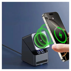 X11 4-in-1 15W Magnetic Fast Wireless Charger Stand with 180° Rotating Phone Holder, Watch & Earbuds Charging, Digital Clock