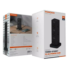 Porodo Three-Story 12 AC Power Hub with USB-C PD 20W, Quick Charge 3.0, 12 AC Sockets and 3M Cable - Black