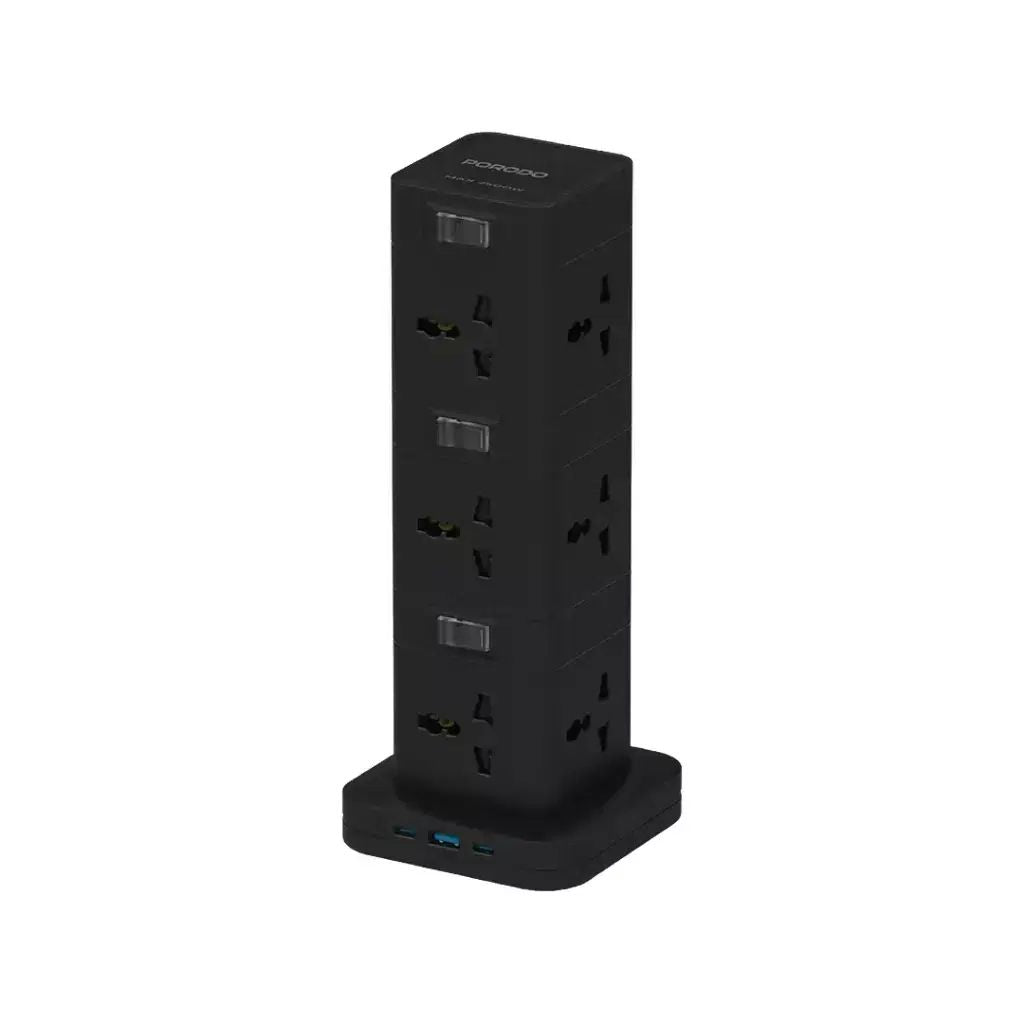 Porodo Three-Story 12 AC Power Hub with USB-C PD 20W, Quick Charge 3.0, 12 AC Sockets and 3M Cable - Black