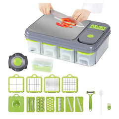 Multifunctional Vegetable Chopper & Cutting Board Set with 4 Lidded Storage Bowls, Interchangeable Stainless Steel Dicing, Slicing & Grating Blades, Egg Separator, Peeler & Cleaning Tools