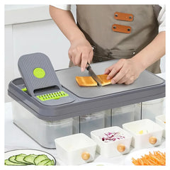 Multifunctional Vegetable Chopper & Cutting Board Set with 4 Lidded Storage Bowls, Interchangeable Stainless Steel Dicing, Slicing & Grating Blades, Egg Separator, Peeler & Cleaning Tools
