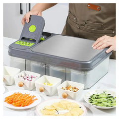 Multifunctional Vegetable Chopper & Cutting Board Set with 4 Lidded Storage Bowls, Interchangeable Stainless Steel Dicing, Slicing & Grating Blades, Egg Separator, Peeler & Cleaning Tools