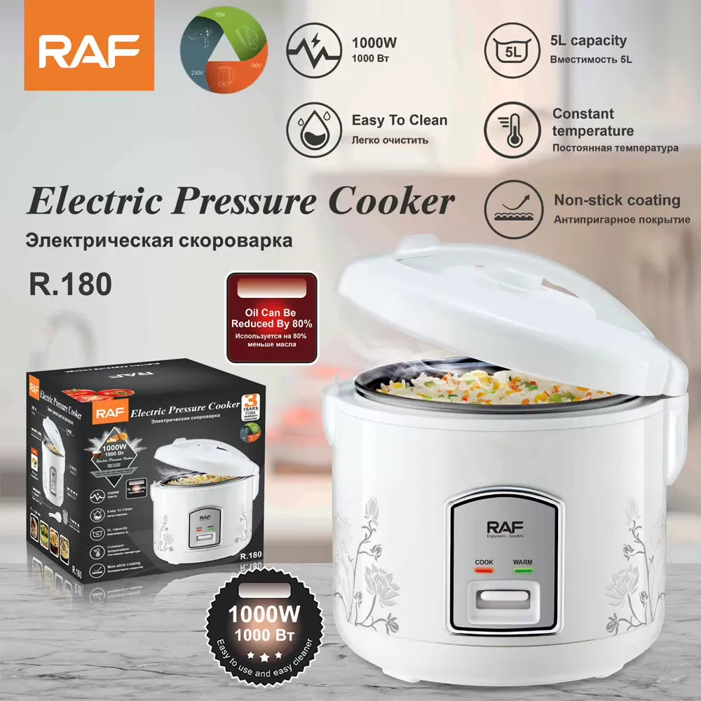 RAF R.180 5L 900W Electric Rice Cooker with Non-Stick Inner Pot, Automatic Keep Warm Function, Constant Temperature Heating, Cooking Basket, Measuring Cup & Serving Spoon
