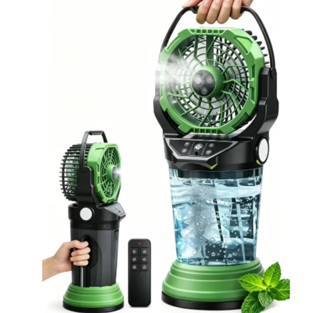 Rechargeable Portable Misting Fan with Remote Control, 30000mAh Battery, 2L Water Tank, 3-Nozzle Nano Mist, 2 Mist Speeds, 4 Fan Speeds, Brushless Motor, 120° Oscillation, LED Flashlight & Ambient Light