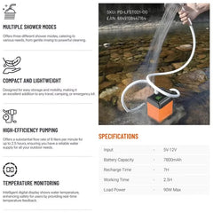 Porodo Portable Camping Shower Pump PDLFST021OG - USB Rechargeable, Orange