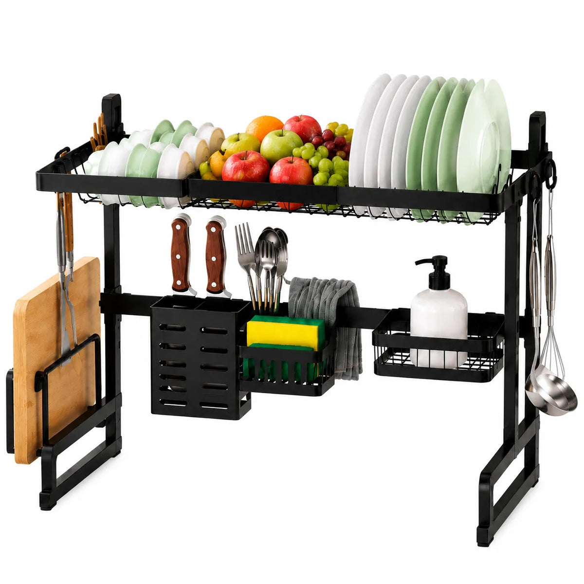 85CM Multifunctional Over Sink Dish Drying Rack with Knife Holder, Cutting Board Stand, Hanging Basket & Utensil Hooks – Heavy Duty Kitchen Drainage Storage Organizer for Double Sink Countertops