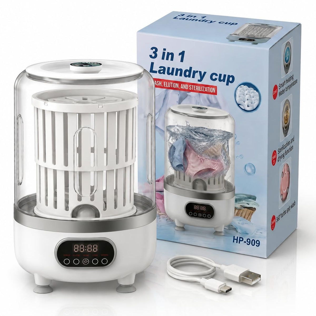 3L Fully Automatic Portable Mini Washing Machine & Spin Dryer with 3000mAh Rechargeable Battery, Type-C Charging, Blue Light, Digital Display & Dehydration Basket