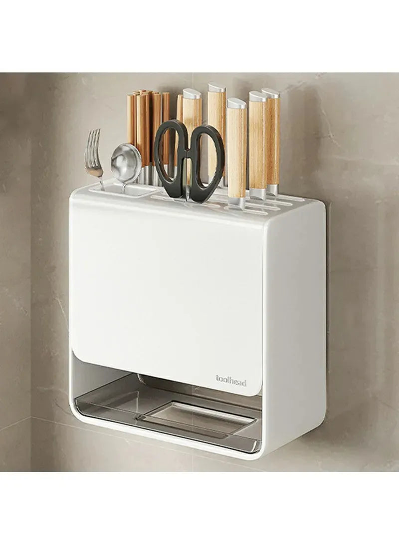 Premium Wall Mounted Kitchen Knife Holder & Utensil Organizer Rack with Drain Tray, Punch-Free Adhesive Installation, Detachable Multifunction Knife Storage Stand for Knives, Scissors, Chopsticks & Cutlery