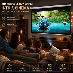 Smart Android LED Projector & 100 Inch Motorized Retractable Projector Screen Bundle – 4K Resolution Decoding, 1800 Lumens, WiFi Screen Mirroring, Remote Controlled Home Theater Cinema Package